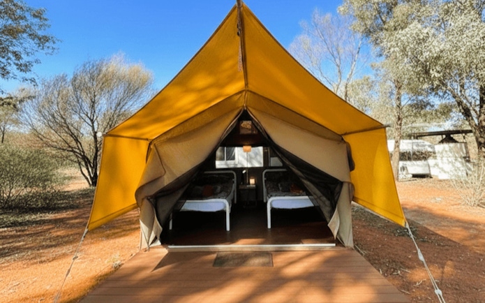 Tent setup with twin beds in Uluru & Kata Tjuta Outback camping adventure.