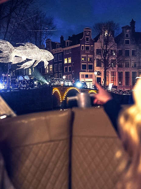 Canal view of illuminated fish sculpture during Amsterdam Light Festival cruise.