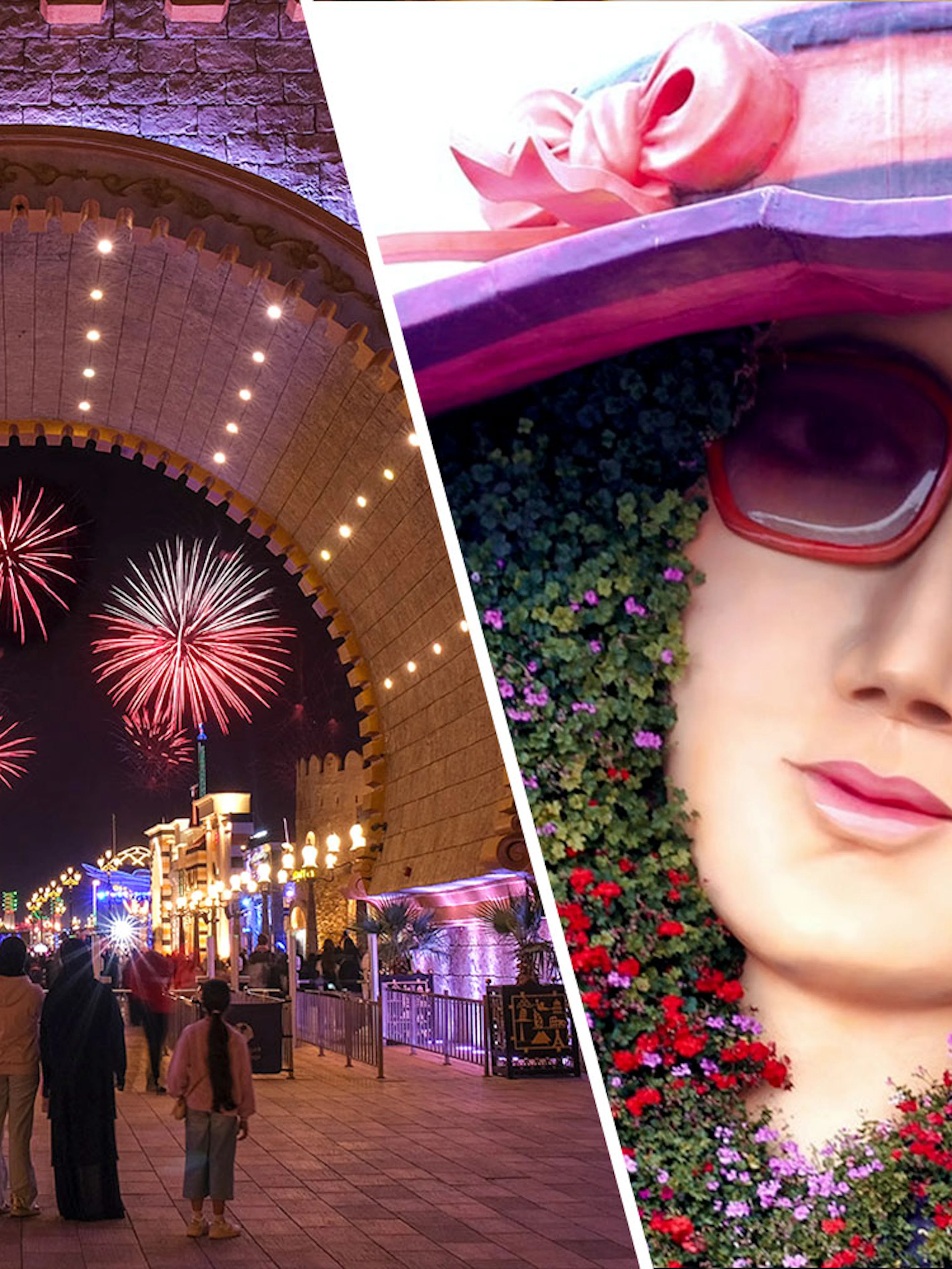 Fireworks at Global Village and floral sculpture at Dubai Miracle Garden.
