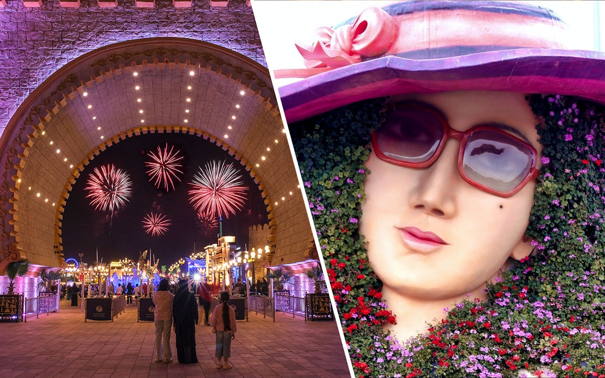 Fireworks at Global Village and floral sculpture at Dubai Miracle Garden.