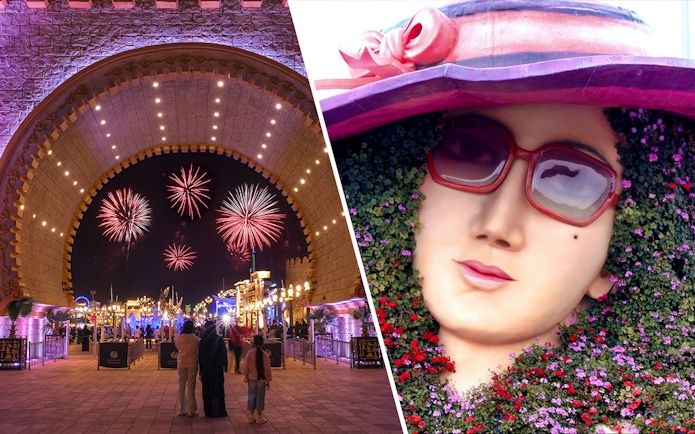 Fireworks at Global Village and floral sculpture at Dubai Miracle Garden.