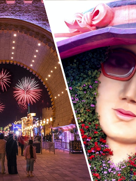 Fireworks at Global Village and floral sculpture at Dubai Miracle Garden.