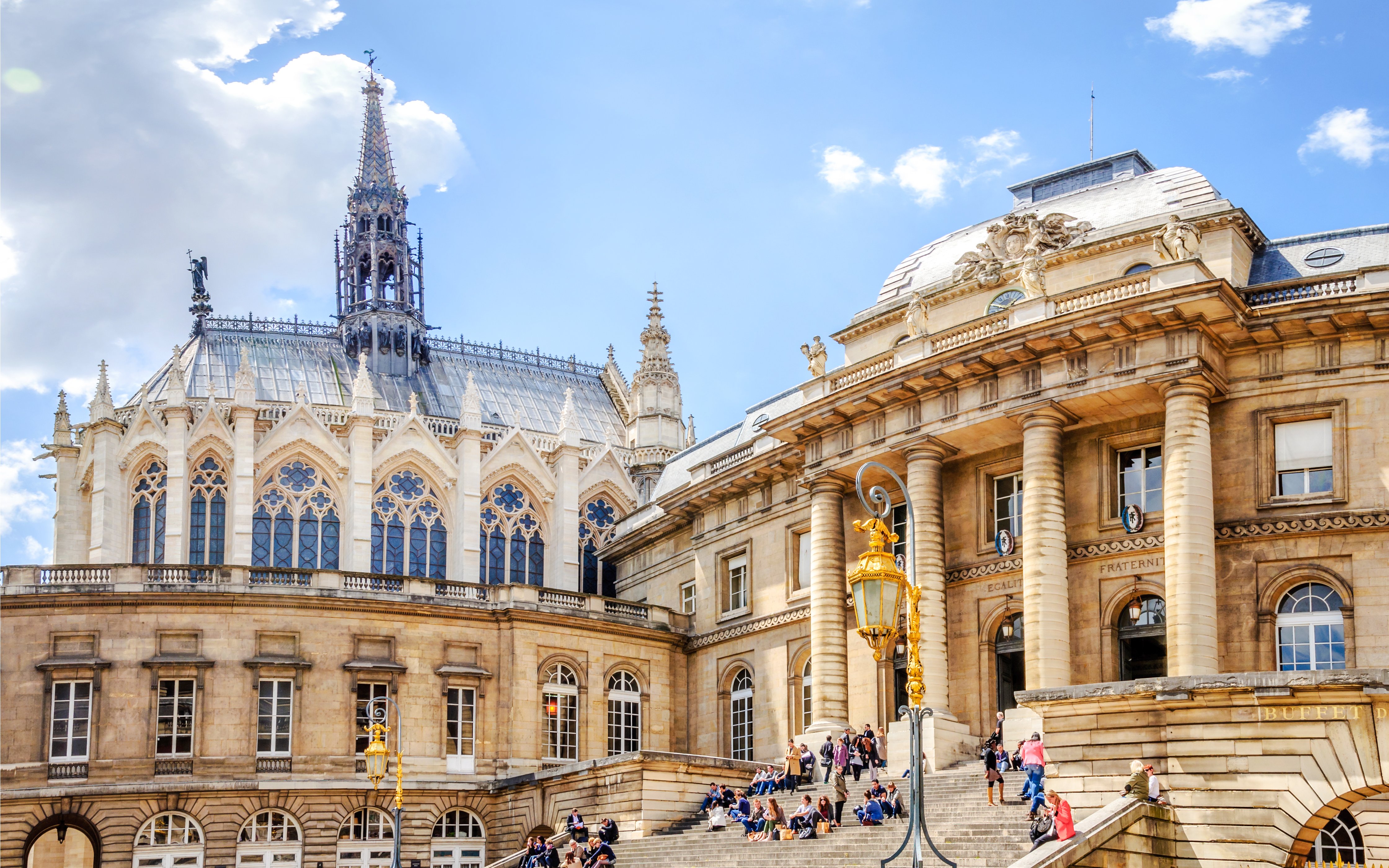 Sainte-Chapelle exterior with ornate spire and Gothic architecture in Paris, France.