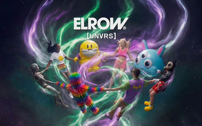 People in colorful costumes and characters holding hands at elRow event, Ibiza.