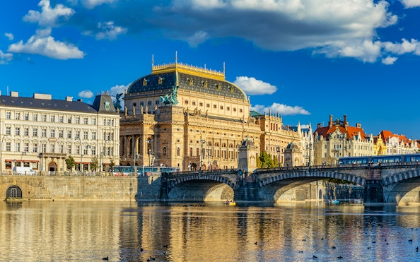 National Theatre in Prague viewed from a cycle boat on the Vltava River.