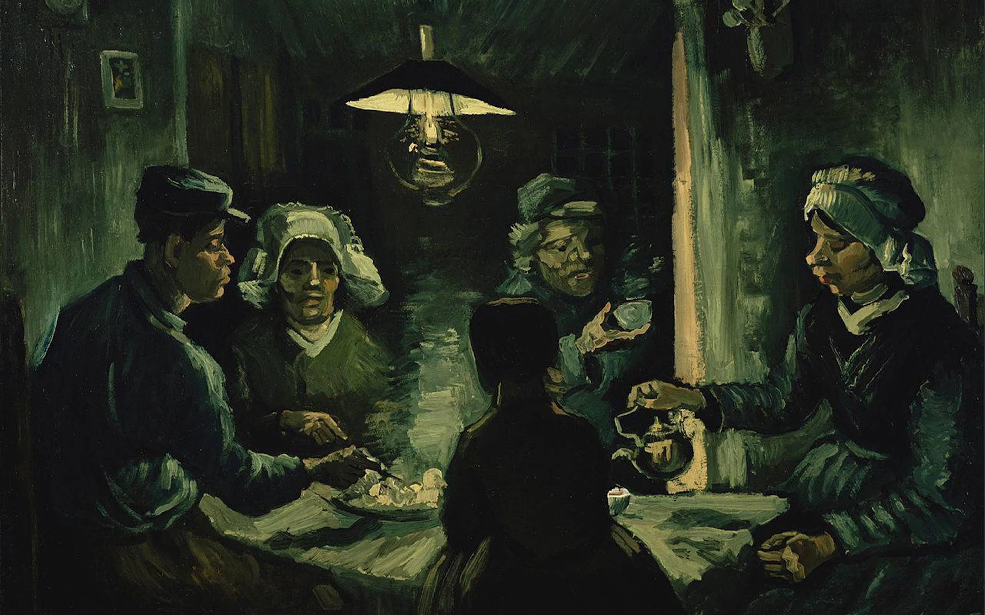 Five people dining under a lamp in Van Gogh's "The Potato Eaters" painting.