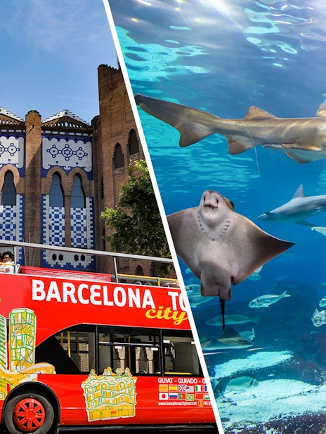 Barcelona tour bus in front of historic building and aquarium with sharks and rays.