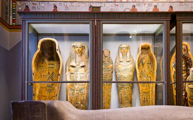 Sarcophagi in the Egyptian Oriental Collection room at Kunsthistorisches Museum Vienna.