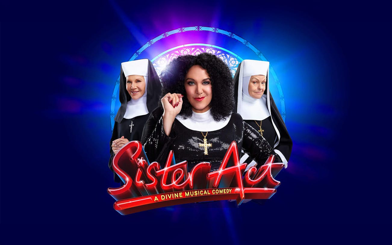 Nuns in habit with "Sister Act" musical logo on a vibrant blue background.
