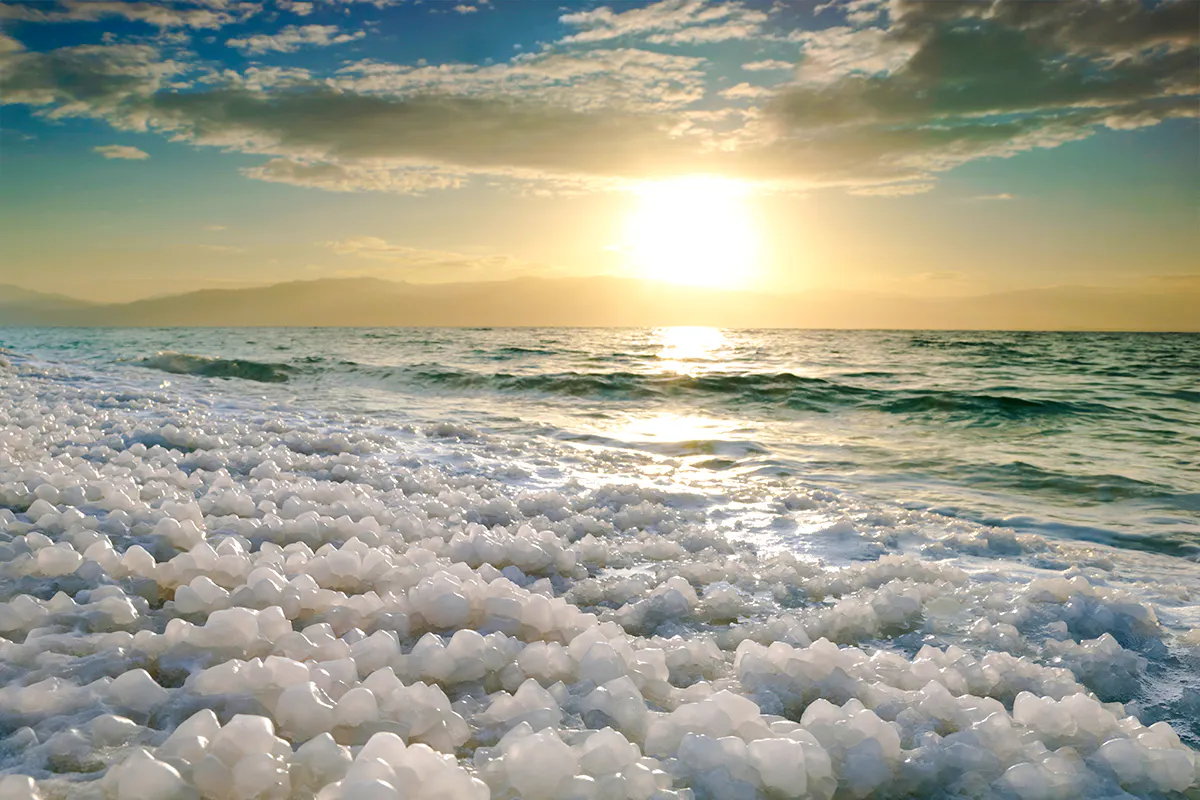 Dead Sea salt formations at sunrise, Amman half-day trip experience.