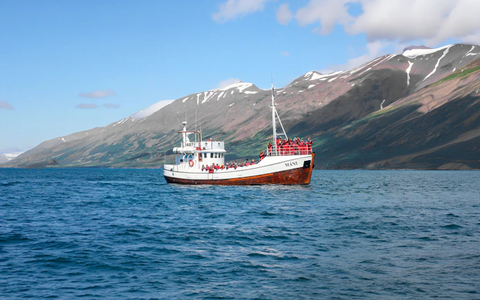 Whale watching boat in Dalvik, Northern Iceland, with passengers viewing Arctic waters.