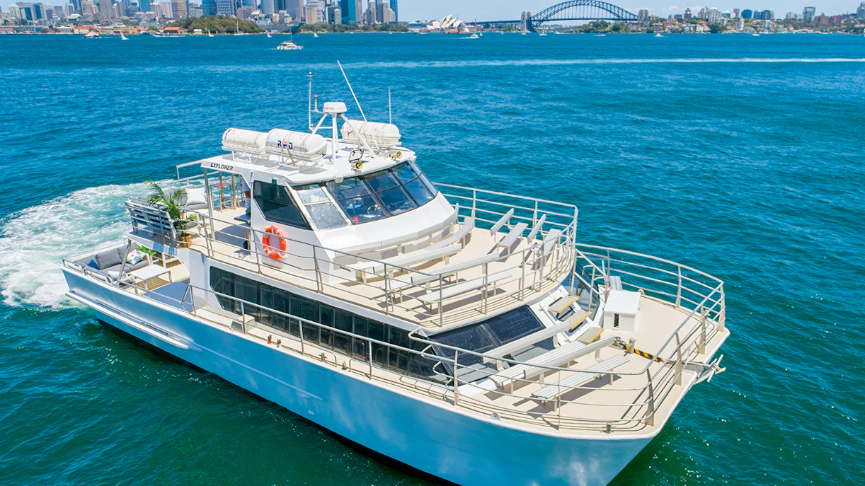 Cruise ship on Sydney Harbour with city skyline and Harbour Bridge in the background.