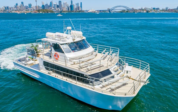 Cruise ship on Sydney Harbour with city skyline and Harbour Bridge in the background.