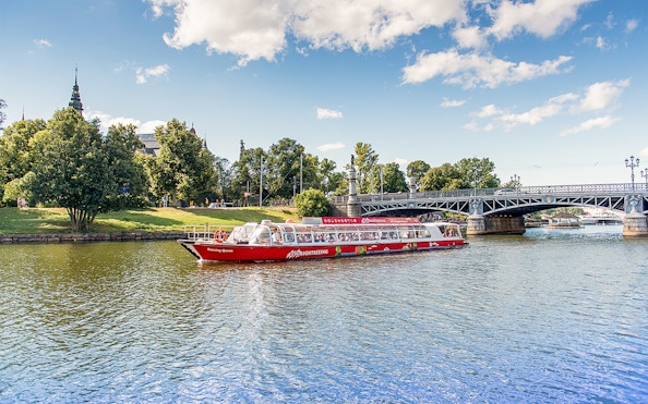 Stockholm sightseeing boat on water near a bridge and greenery.