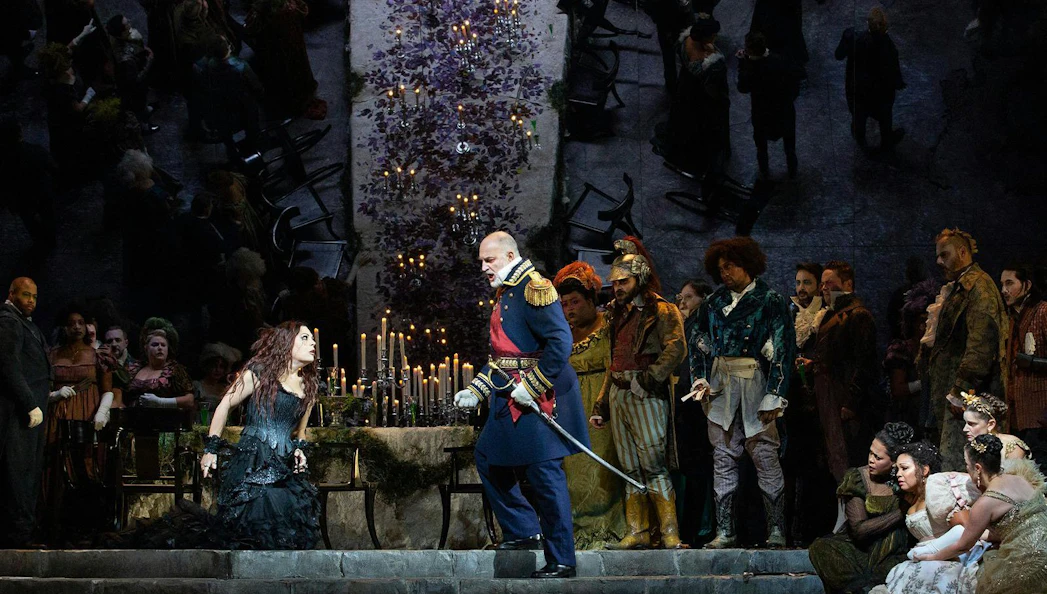 Medea Broadway performance with actors in period costumes on stage.