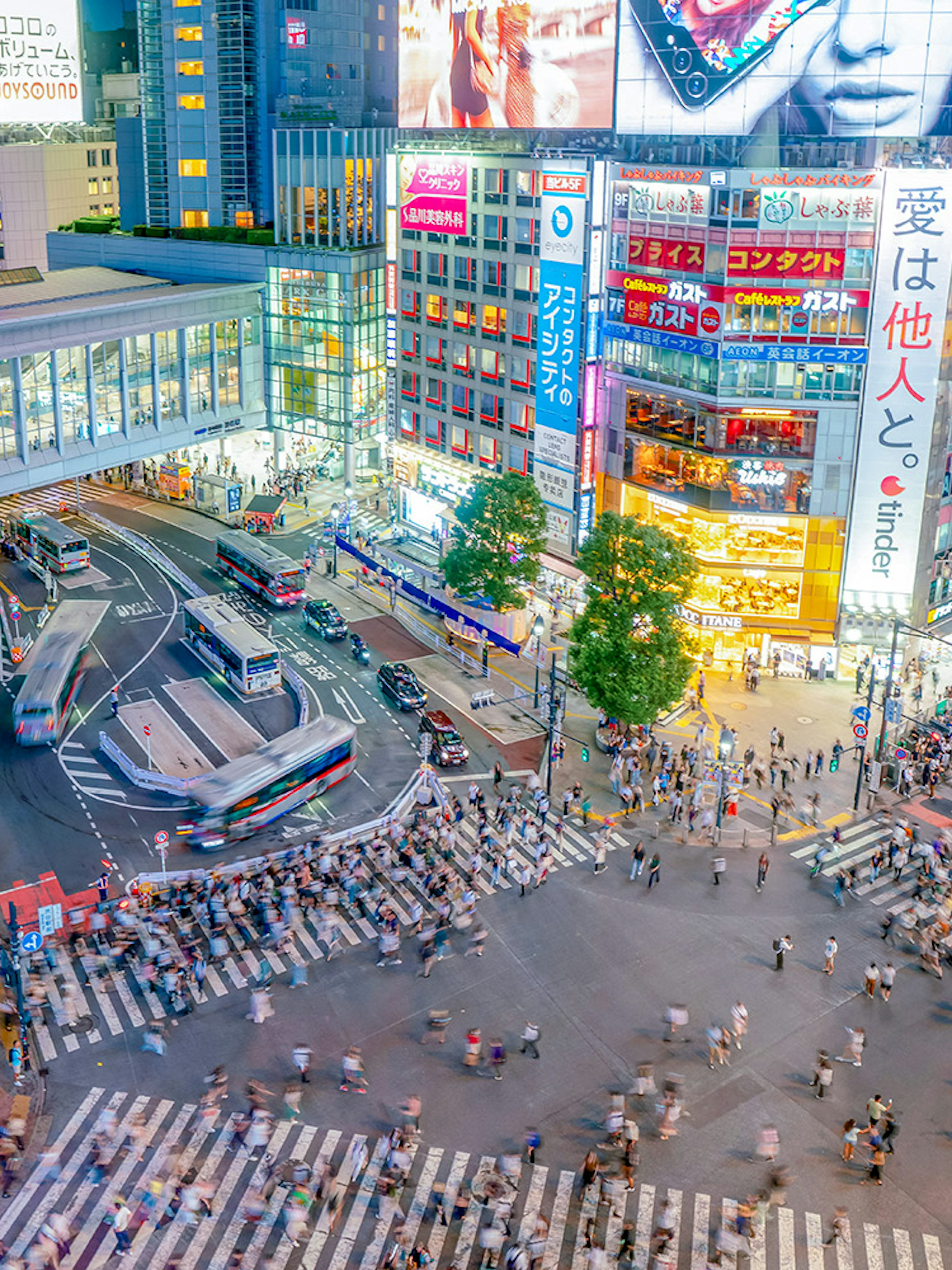 Shibuya Crossing view from Shibuya Sky Deck, Tokyo, with bustling crowds and illuminated buildings.