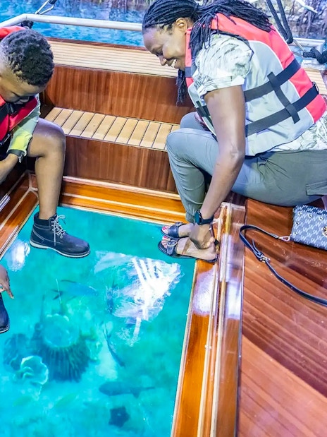 Visitors on a glass-bottom boat at National Aquarium Abu Dhabi, viewing marine life.