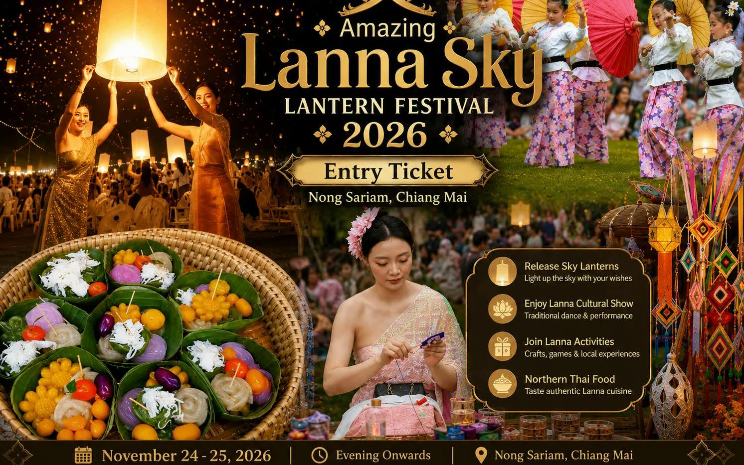 Lanna Sky Lantern Festival 2026 poster, Nong Sariam, Chiang Mai, featuring lantern release and cultural activities.