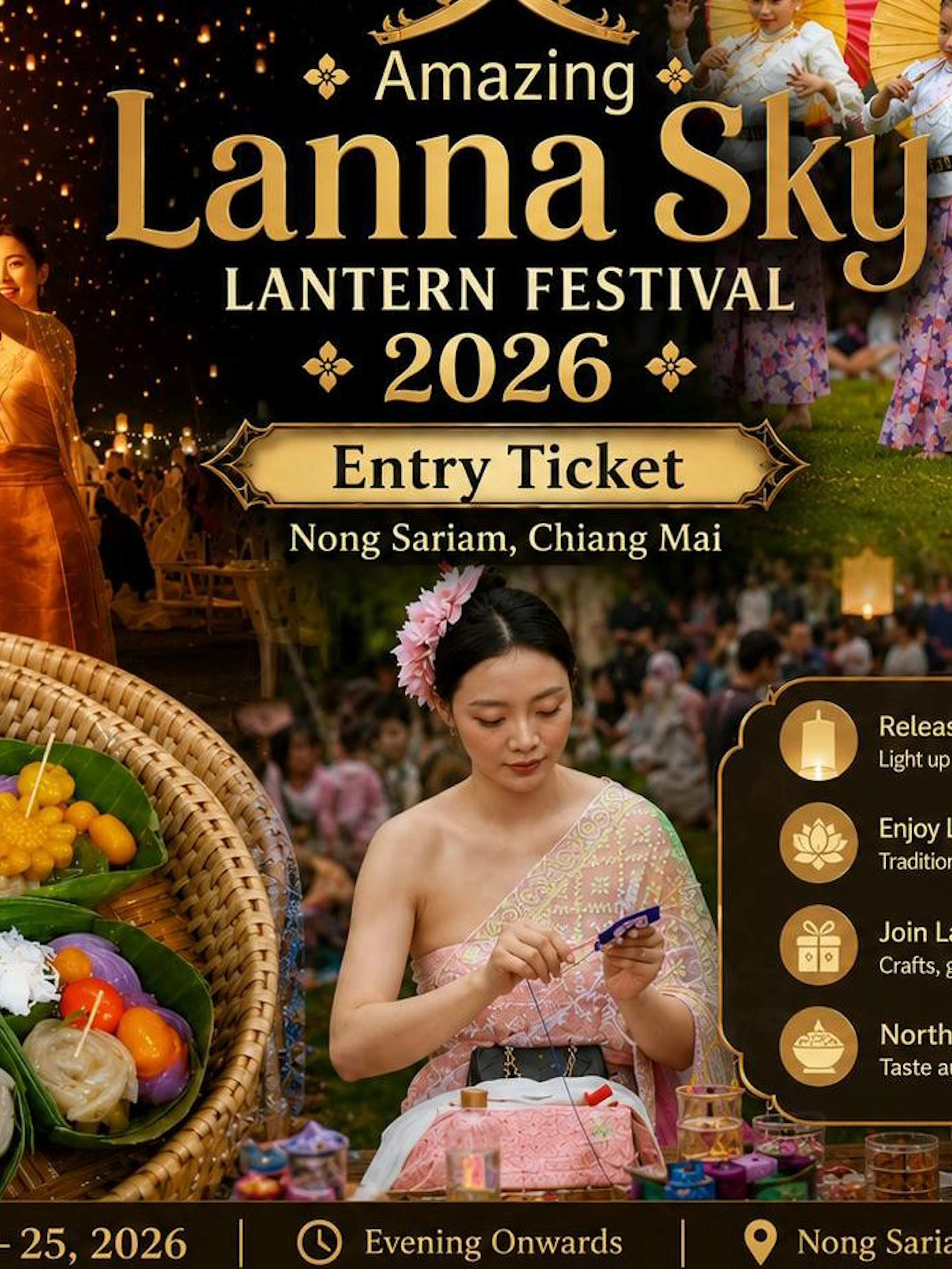 Lanna Sky Lantern Festival 2026 poster, Nong Sariam, Chiang Mai, featuring lantern release and cultural activities.