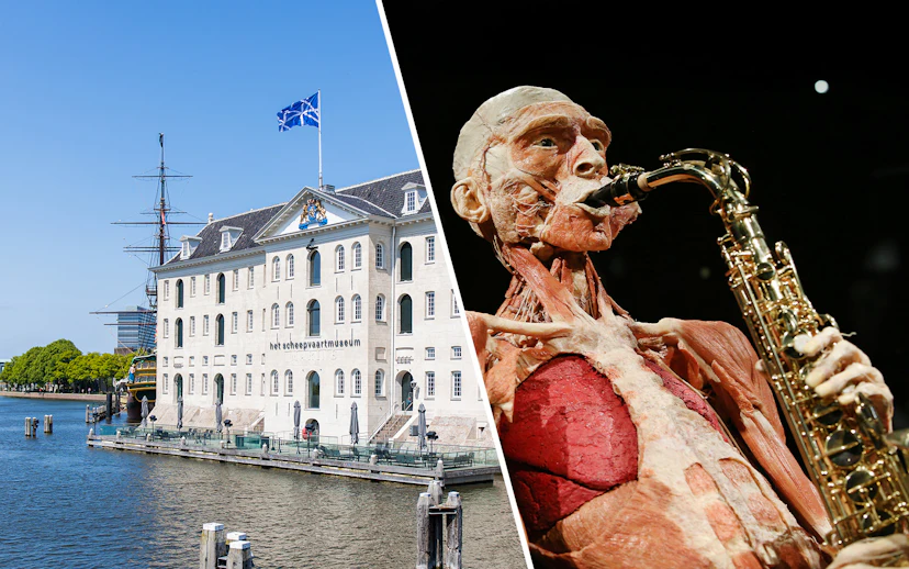 National Maritime Museum exterior and Body Worlds Amsterdam exhibit.