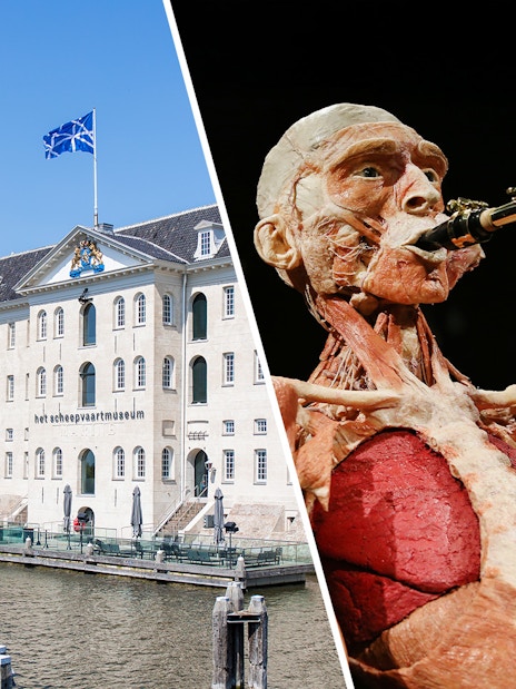 National Maritime Museum exterior and Body Worlds Amsterdam exhibit.