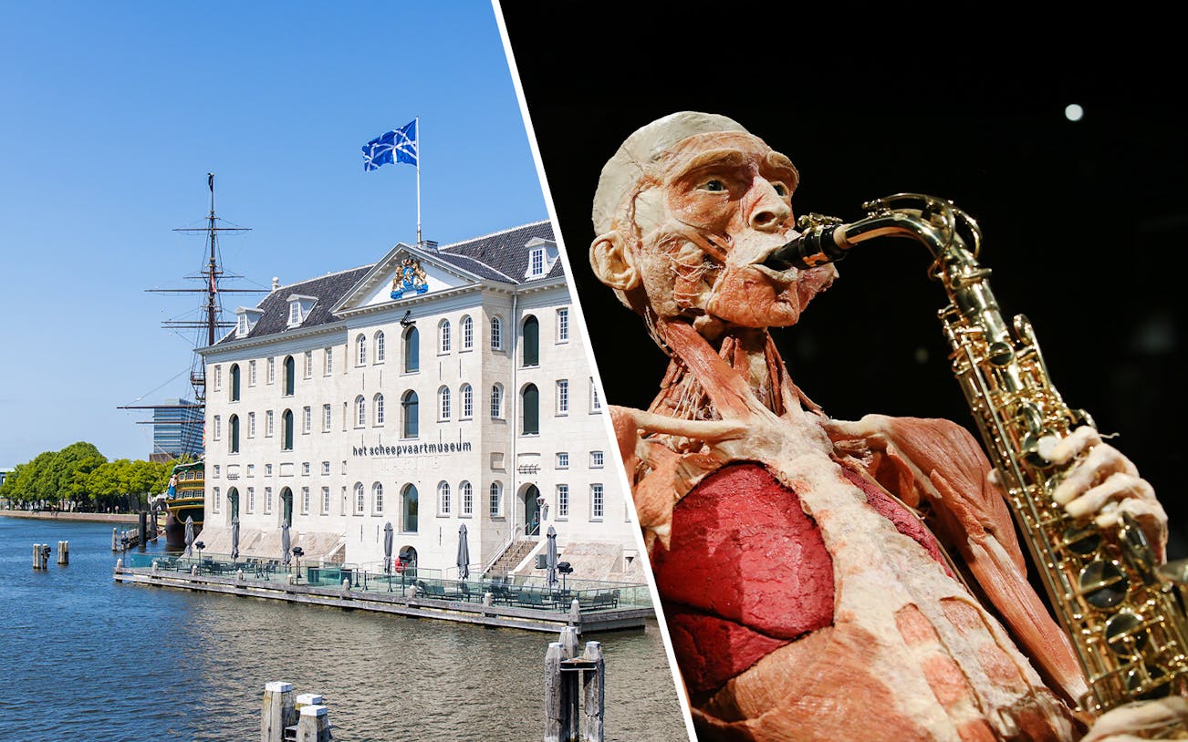 National Maritime Museum exterior and Body Worlds Amsterdam exhibit.