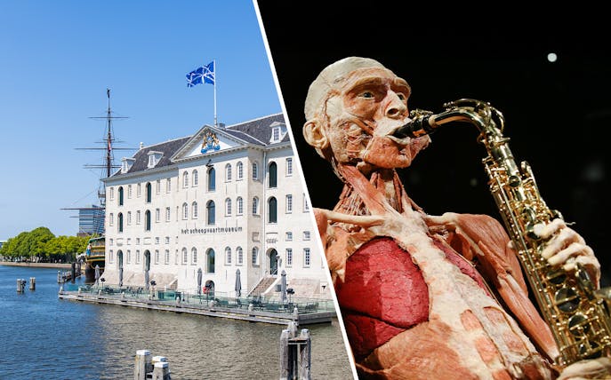National Maritime Museum exterior and Body Worlds Amsterdam exhibit.