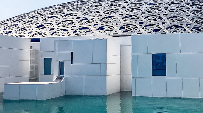 Louvre Abu Dhabi's dome and modern architecture over water.