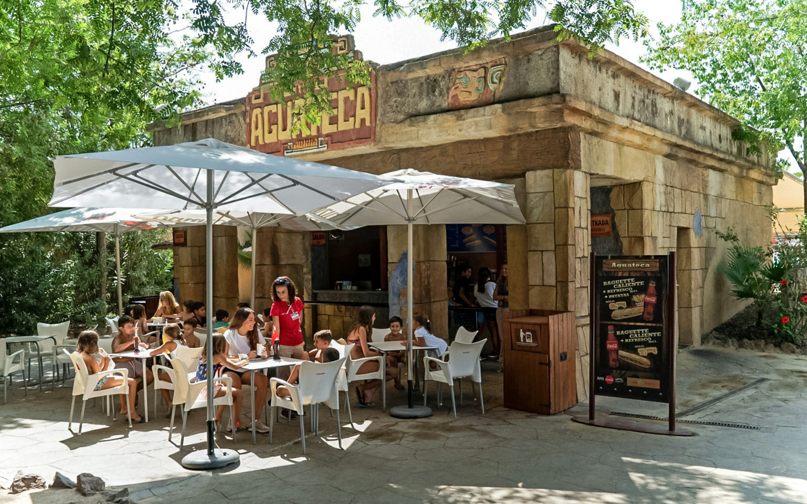 Aguateca restaurant exterior at Isla Mágica theme park, Seville, Spain.