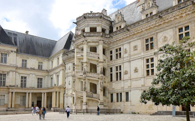 Royal Blois Castle exterior with visitors in courtyard, France.