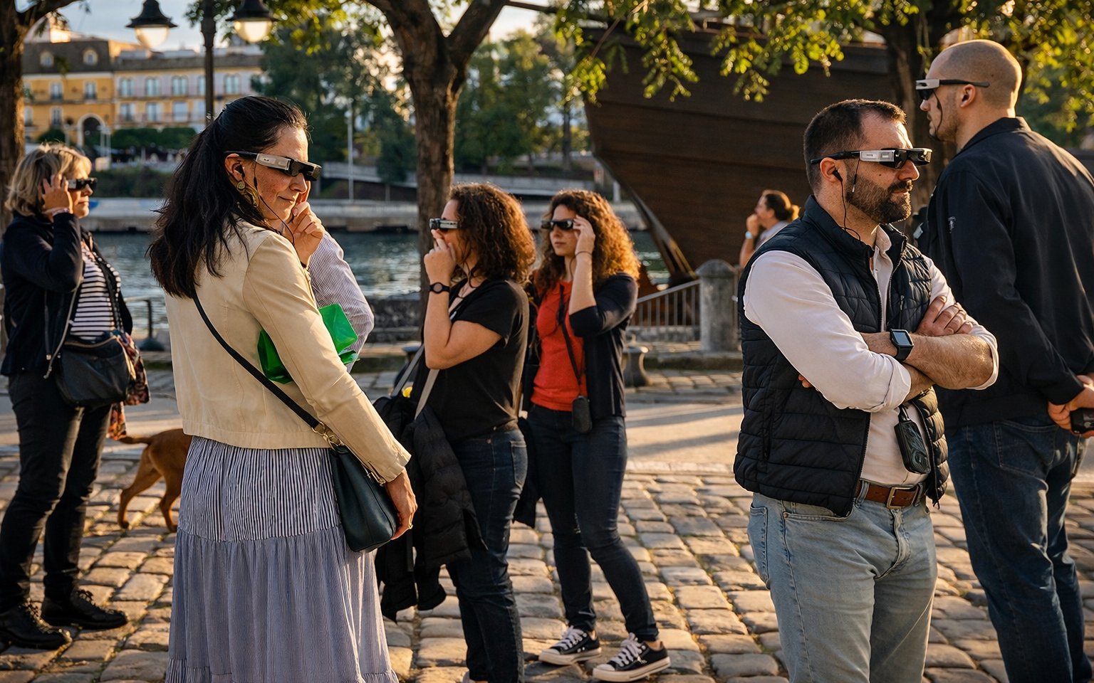 Tourists wearing smart glasses during Setas de Sevilla guided tour.