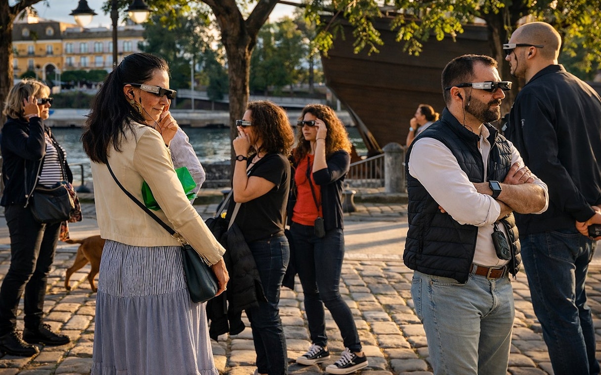 Tourists wearing smart glasses during Setas de Sevilla guided tour.