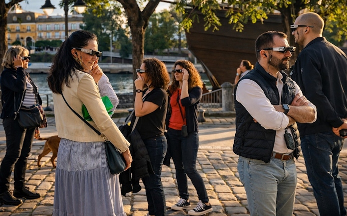 Tourists wearing smart glasses during Setas de Sevilla guided tour.
