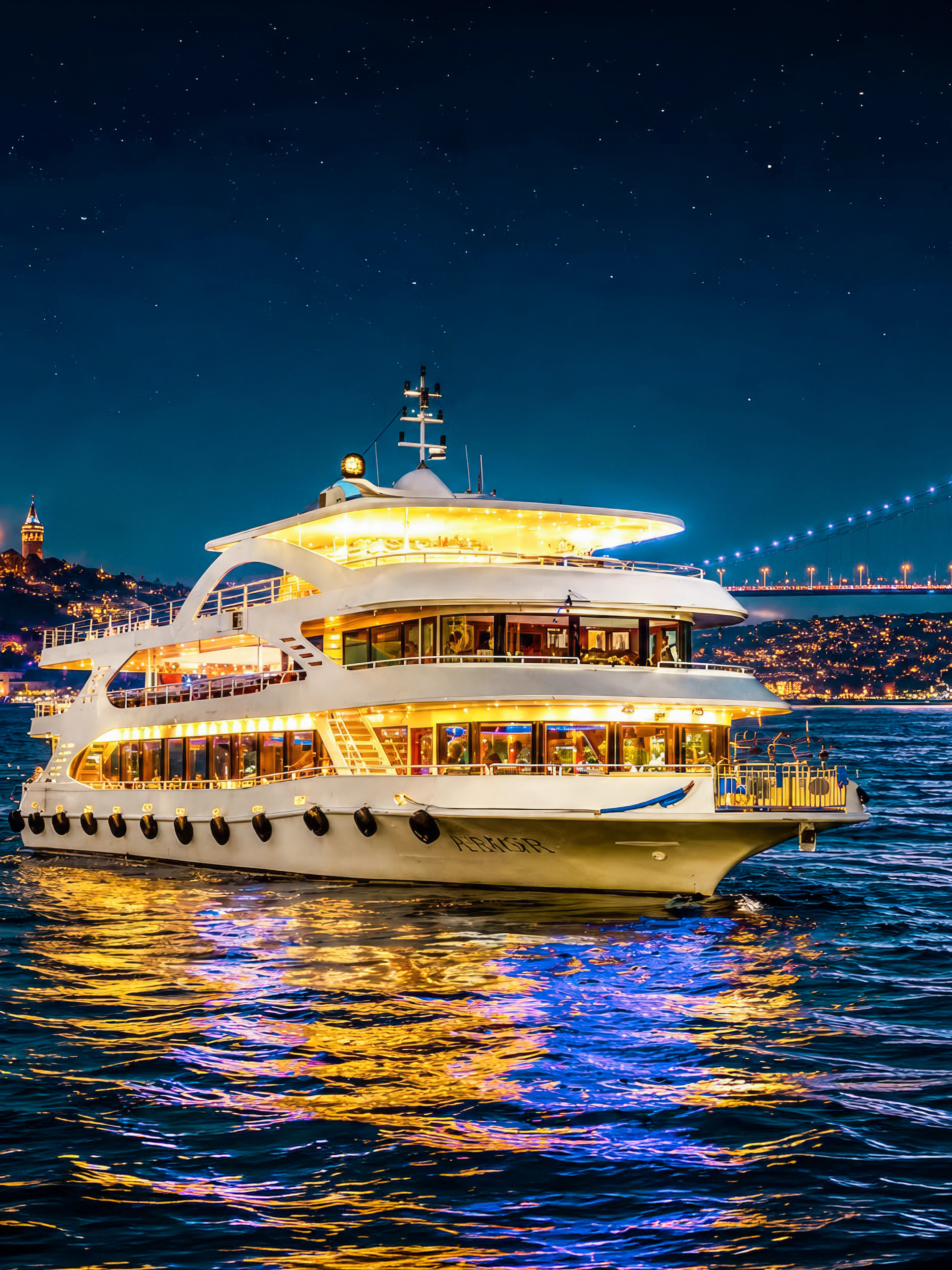 Cruise ship on Bosphorus strait at night with illuminated bridge and cityscape.
