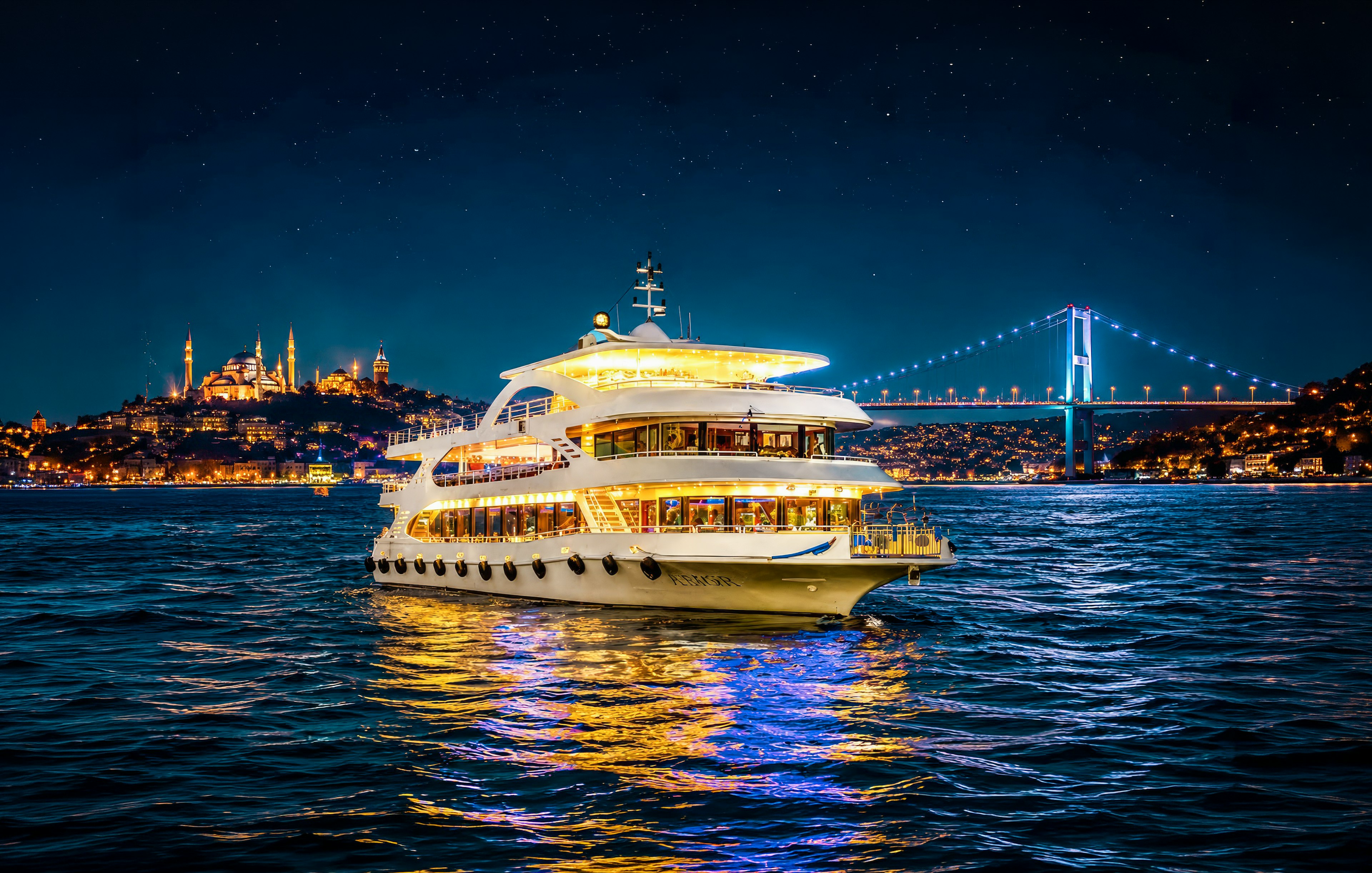 Cruise ship on Bosphorus strait at night with illuminated bridge and cityscape.
