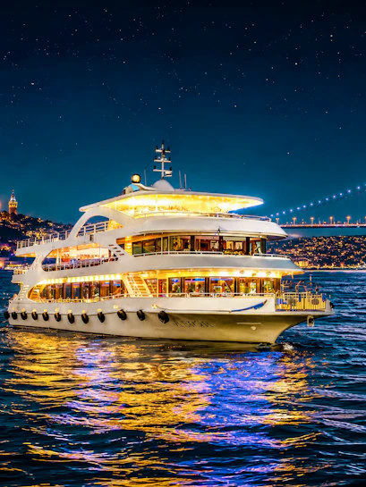 Cruise ship on Bosphorus strait at night with illuminated bridge and cityscape.