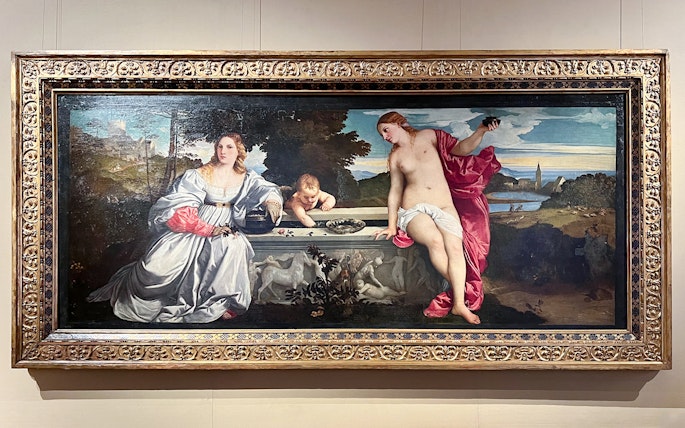 Borghese Gallery painting featuring three figures in a landscape setting.