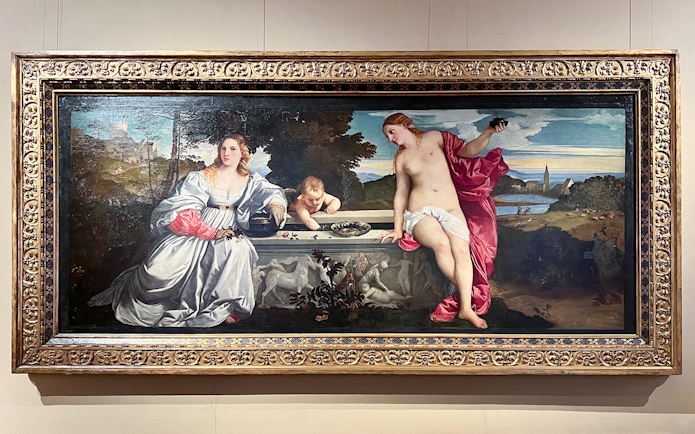 Borghese Gallery painting featuring three figures in a landscape setting.