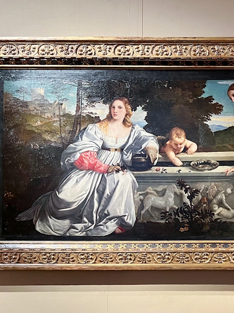 Borghese Gallery painting featuring three figures in a landscape setting.