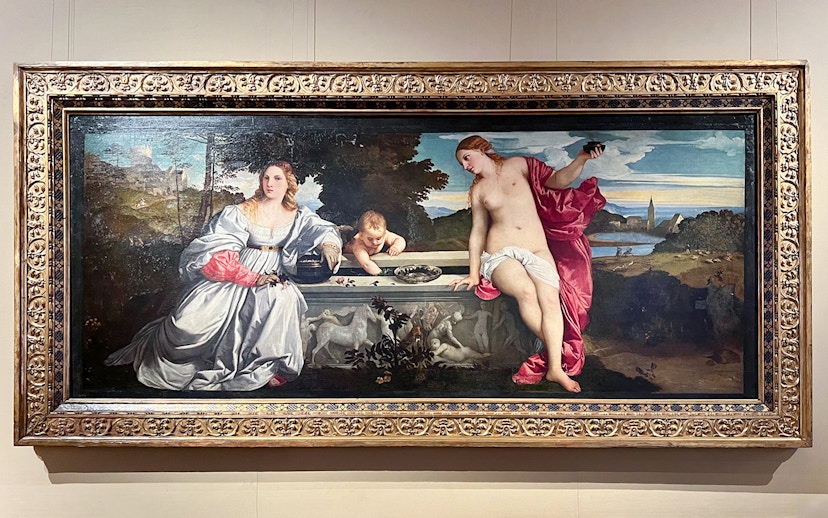 Borghese Gallery painting featuring three figures in a landscape setting.