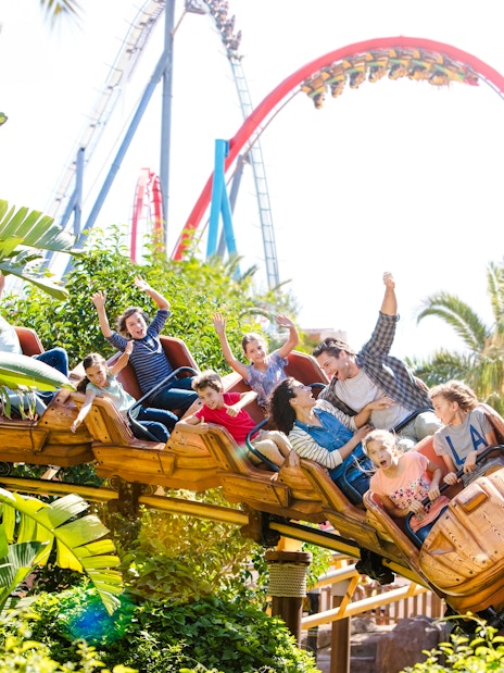 Families enjoying the Tami Ride at Portaventura amidst lush greenery and roller coaster loops.