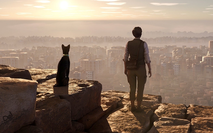 Person and cat overlooking cityscape in Horizon of Khufu virtual reality experience.
