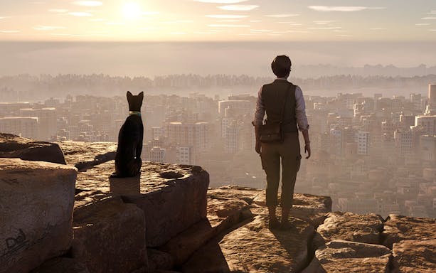 Person and cat overlooking cityscape in Horizon of Khufu virtual reality experience.