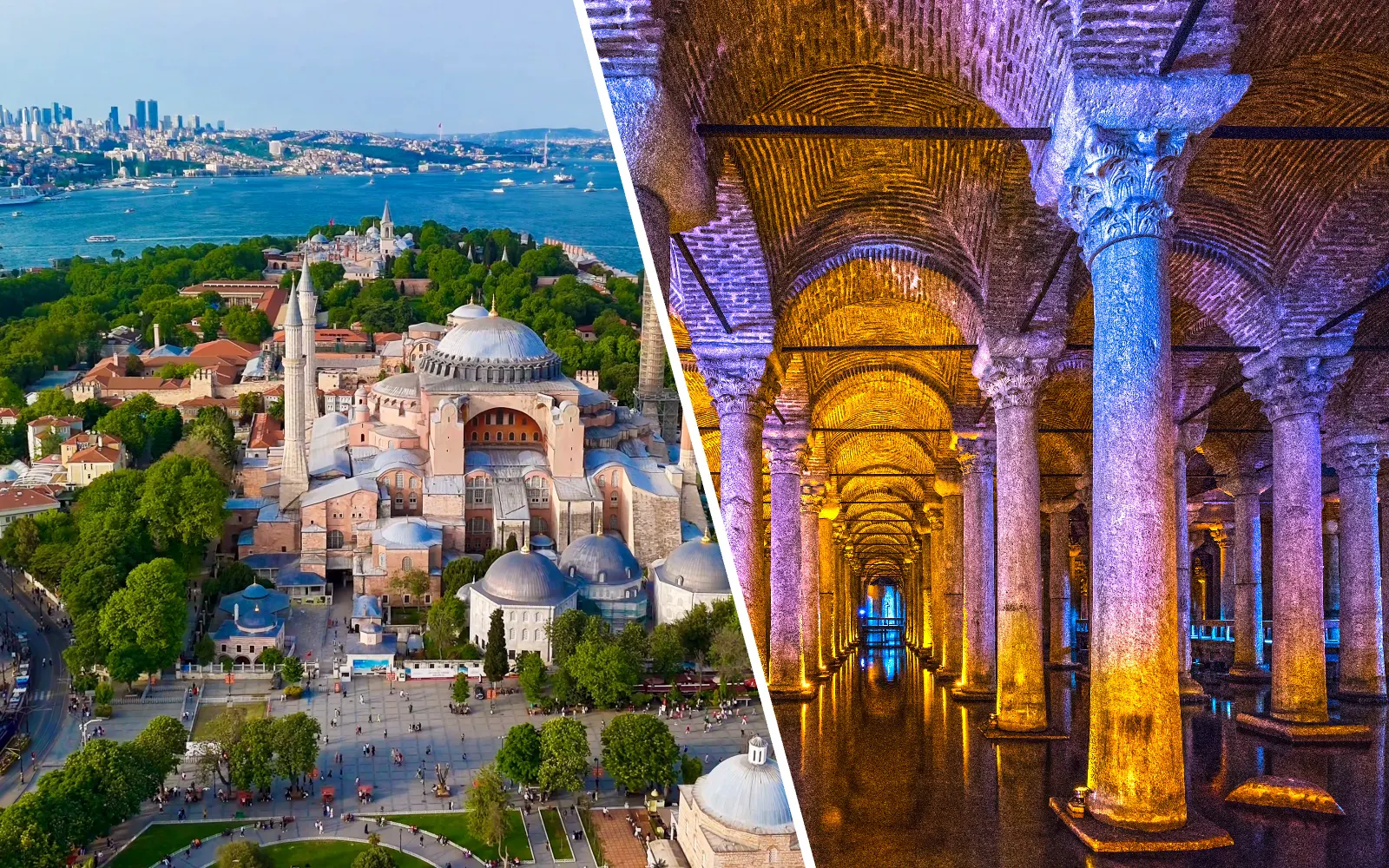 Aerial view of Hagia Sophia and interior of Basilica Cistern, Istanbul, Turkey.