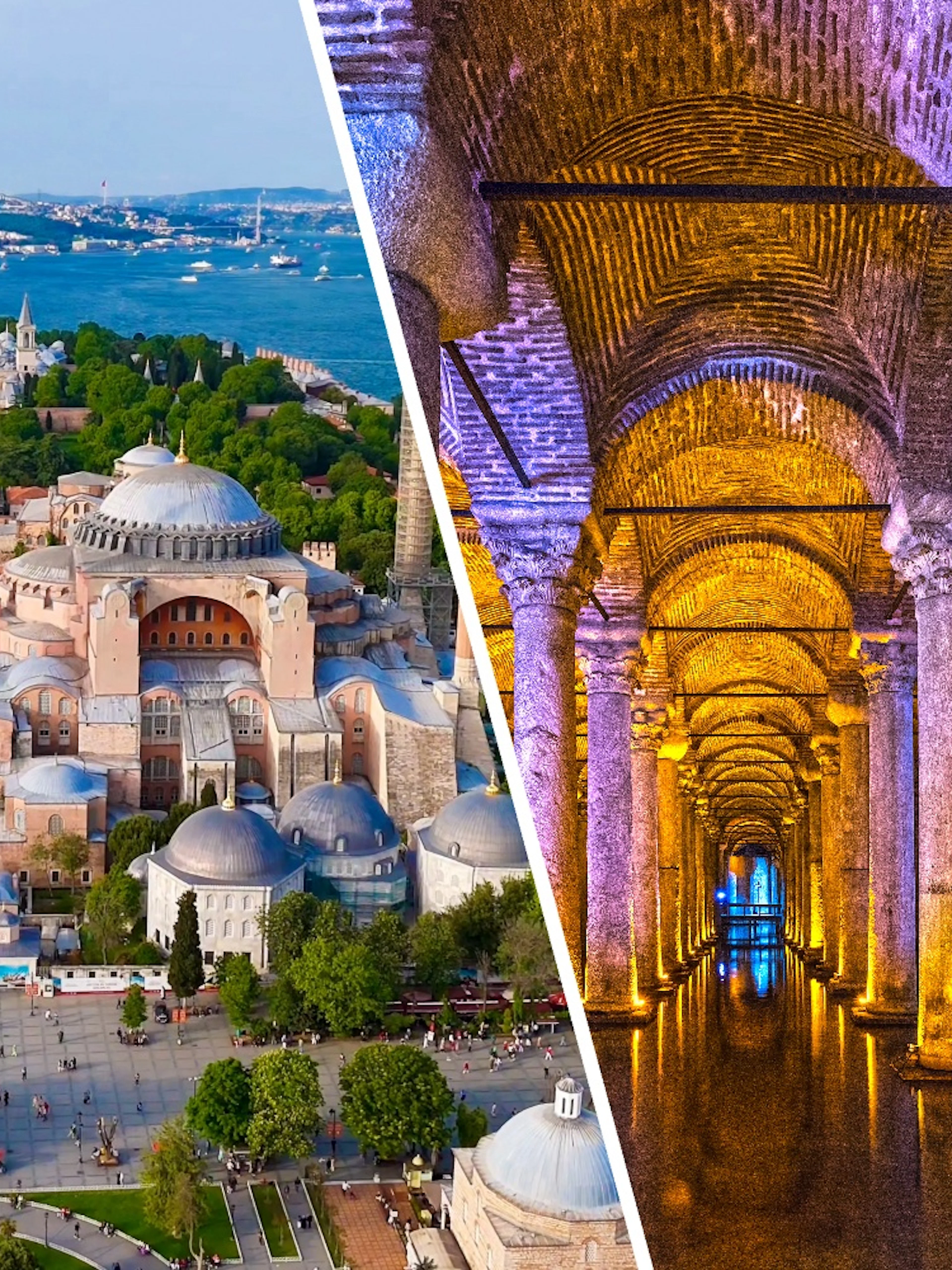 Aerial view of Hagia Sophia and interior of Basilica Cistern, Istanbul, Turkey.