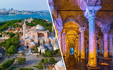 Aerial view of Hagia Sophia and interior of Basilica Cistern, Istanbul, Turkey.