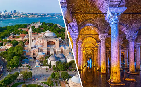 Aerial view of Hagia Sophia and interior of Basilica Cistern, Istanbul, Turkey.