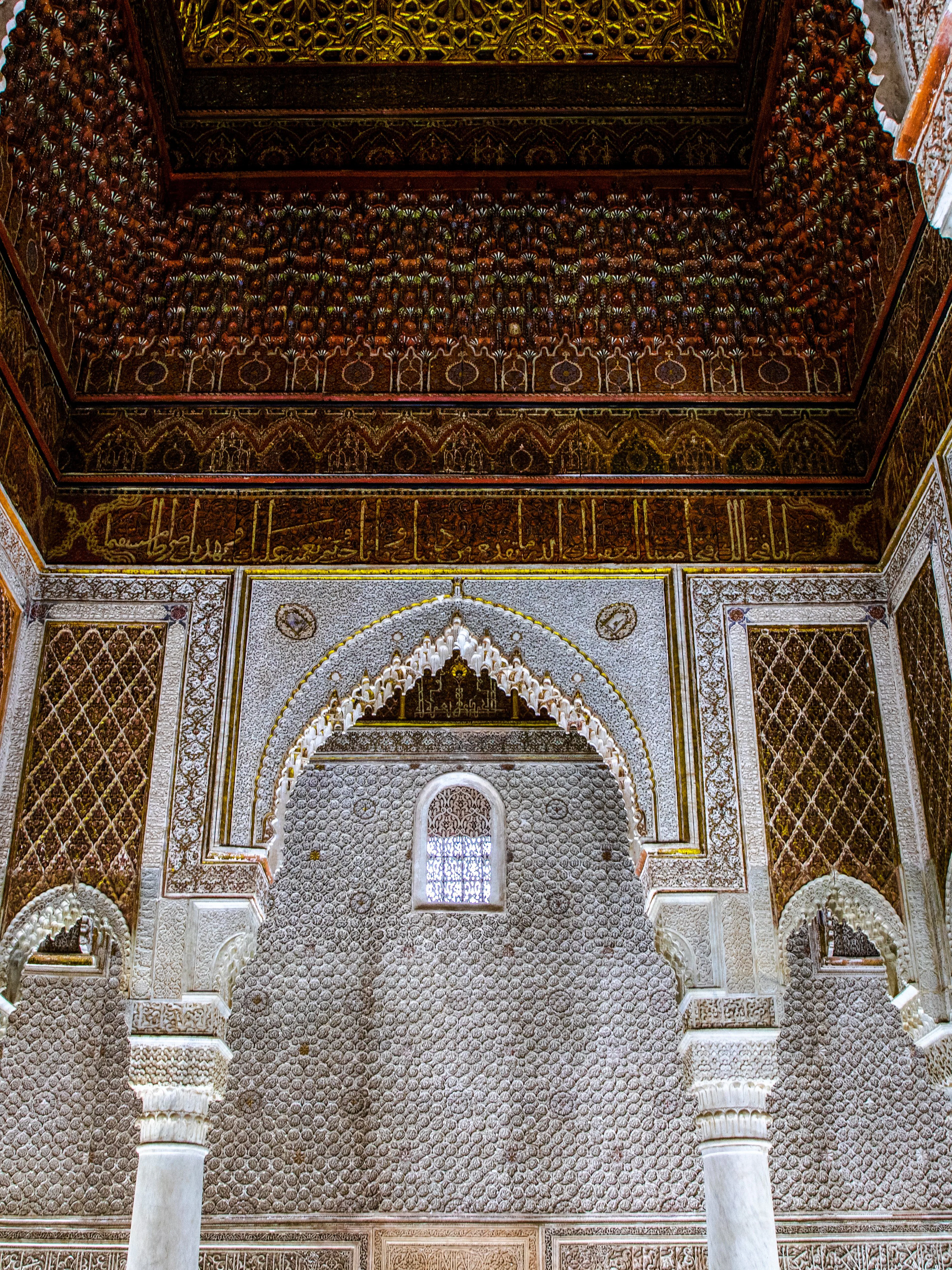 Saadian Tombs mausoleum interior with ornate arches and columns in Marrakech, Morocco.