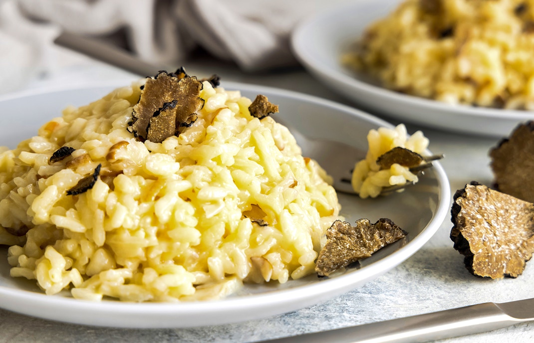Truffle risotto served on a white plate at a gourmet restaurant in Italy.