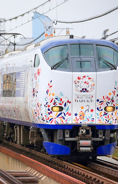 JR Haruka Airport Express train with floral design traveling through countryside.